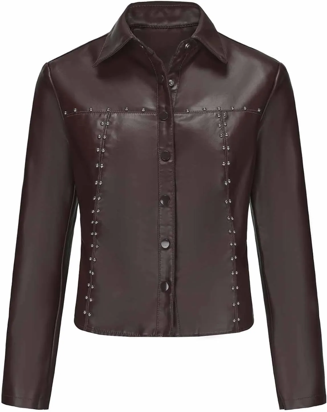 HGps8w Women's Punk Rivets Cropped Faux Leather Jacket, Chic Lapel Button Down Casual PU Moto Bike Coat Outwear