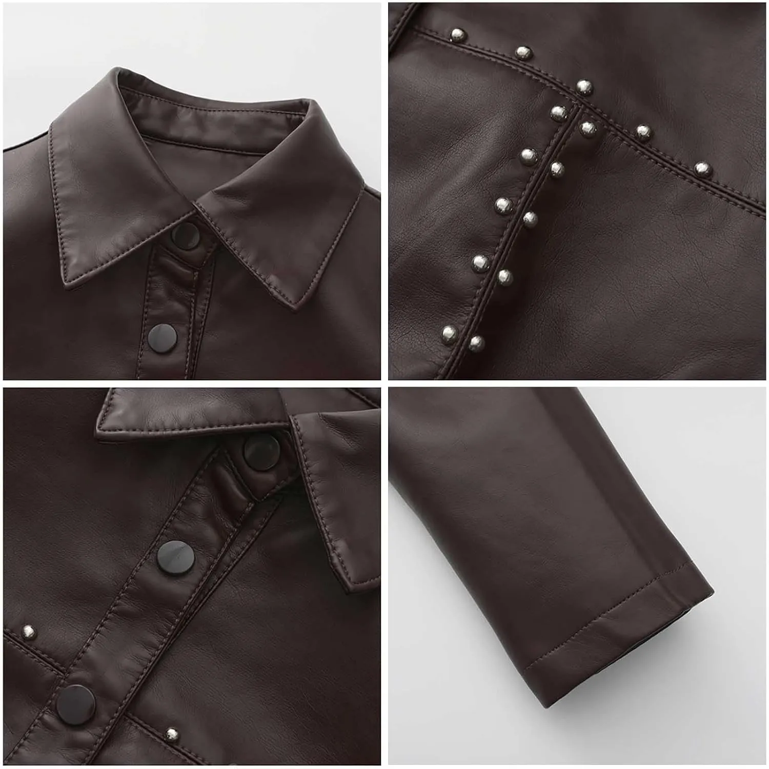 HGps8w Women's Punk Rivets Cropped Faux Leather Jacket, Chic Lapel Button Down Casual PU Moto Bike Coat Outwear