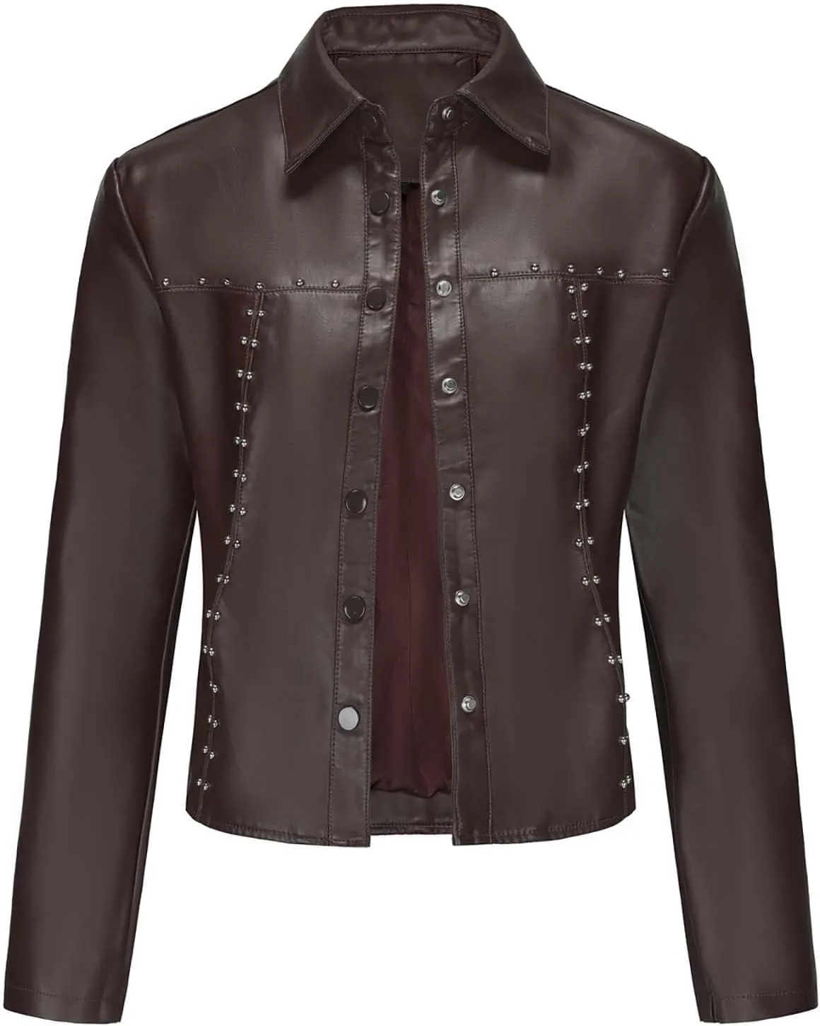 HGps8w Women's Punk Rivets Cropped Faux Leather Jacket, Chic Lapel Button Down Casual PU Moto Bike Coat Outwear