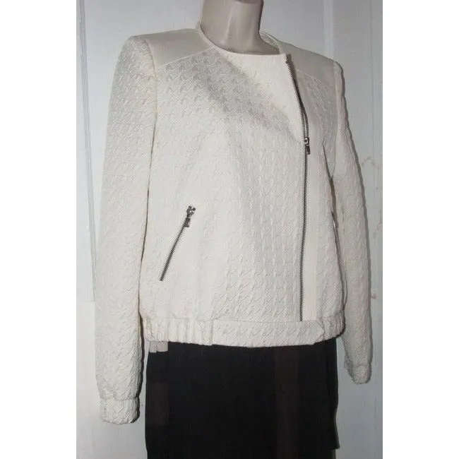 Hugo Boss White Textured Wool Blend Jacket With Faux Leather Accents