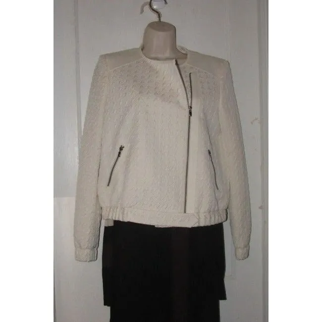 Hugo Boss White Textured Wool Blend Jacket With Faux Leather Accents