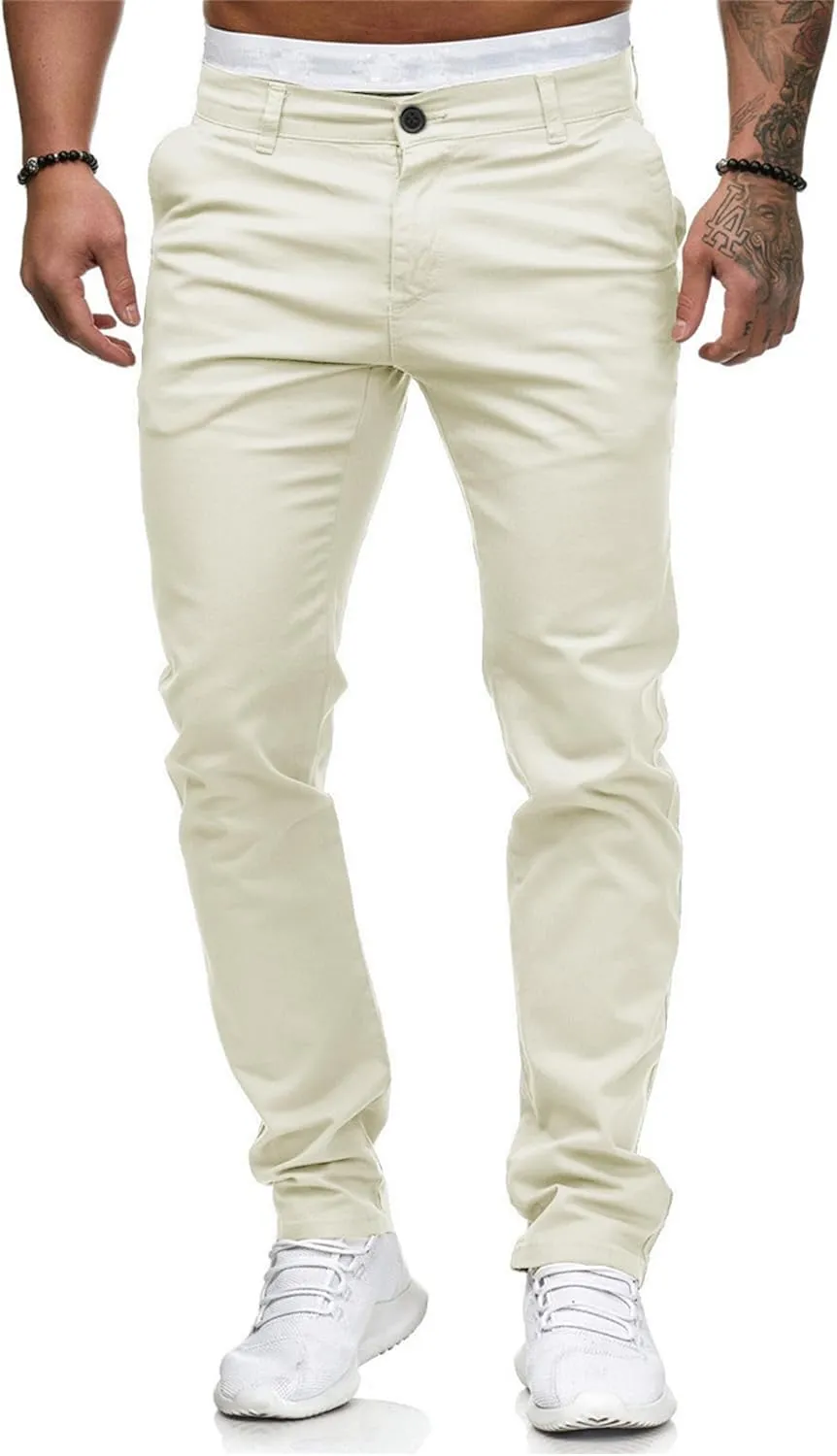 HUNGSON Mens Chinos Dress Pants Slim Straight Fit Flat-Front Golf Pants Casual Travel Slacks