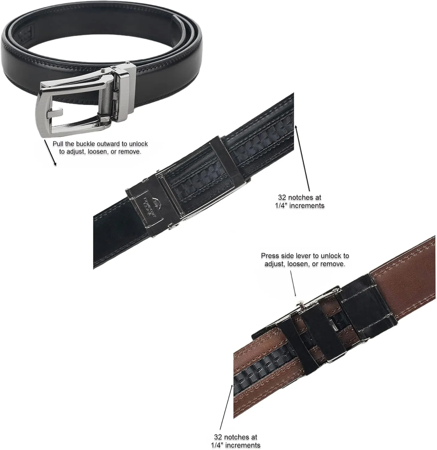Jacob Alexander 2 Pack or 3 Pack Men's Genuine Leather Adjustable Dress Ratchet Track Belt