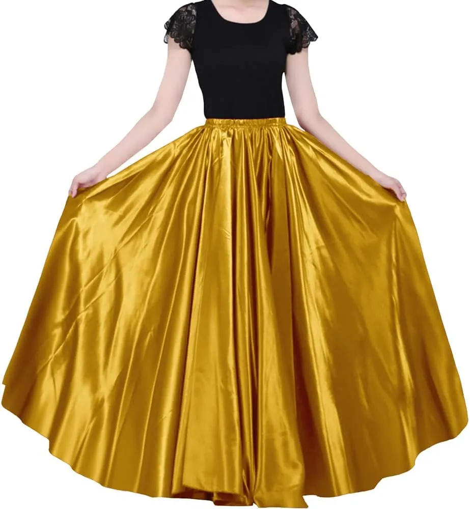 Ladies 90cm Satin Maxi Midi Skirt Long Dress Elastic Waist for Belly Dance Princess Party Cosplay Costume