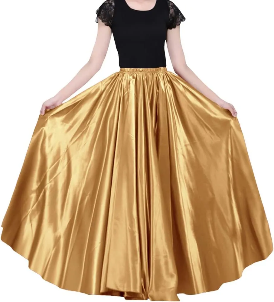 Ladies 90cm Satin Maxi Midi Skirt Long Dress Elastic Waist for Belly Dance Princess Party Cosplay Costume