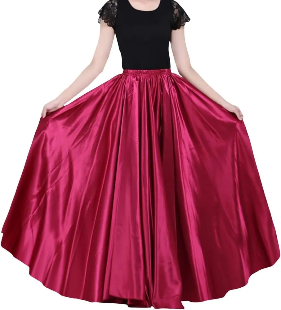 Ladies 90cm Satin Maxi Midi Skirt Long Dress Elastic Waist for Belly Dance Princess Party Cosplay Costume