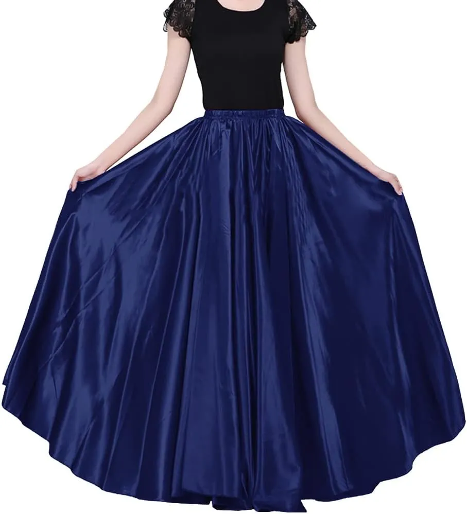 Ladies 90cm Satin Maxi Midi Skirt Long Dress Elastic Waist for Belly Dance Princess Party Cosplay Costume