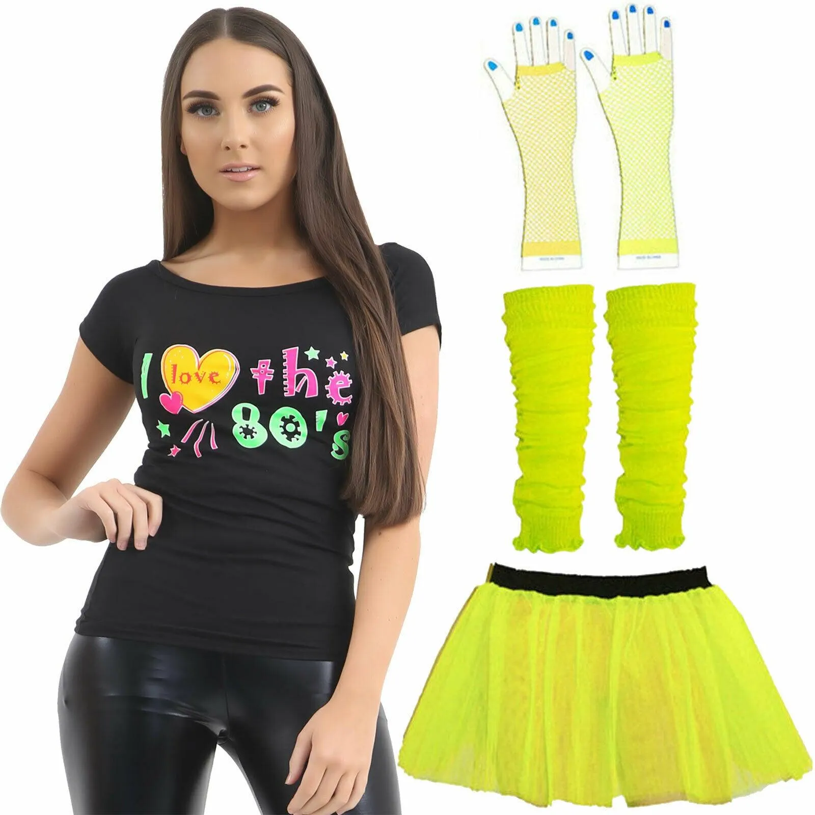 Ladies Girls Yellow Tutu T-shirt Gloves Leg Warmers 80’s Neon Festival Party Set