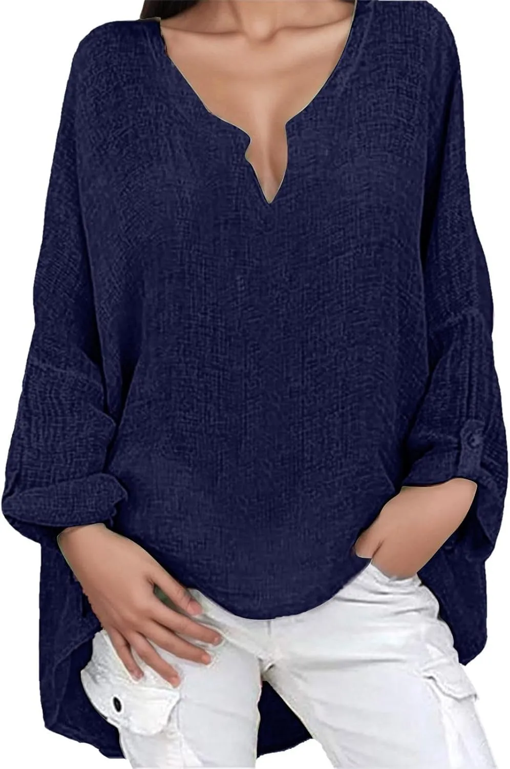 Linen Shirts for Women V Neck Button Blouses Boho Summer Tee Tops Long Sleeve Loose Shirts