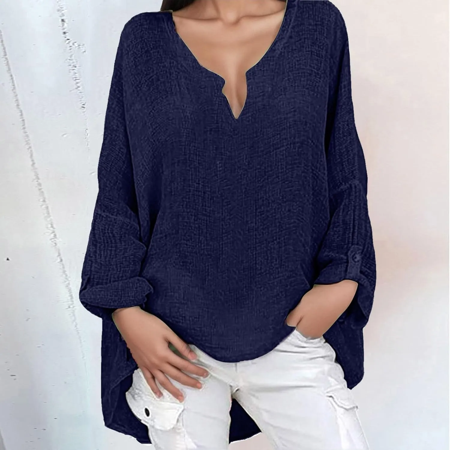 Linen Shirts for Women V Neck Button Blouses Boho Summer Tee Tops Long Sleeve Loose Shirts