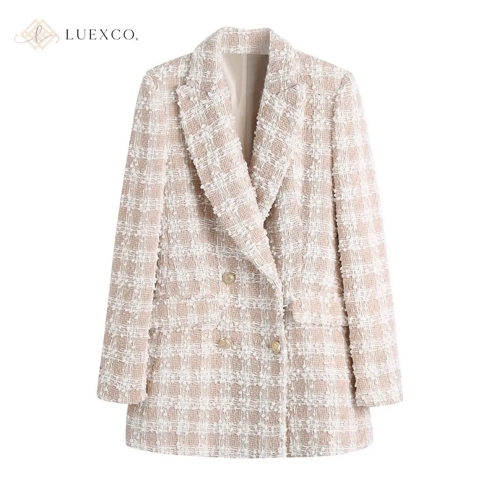 Luexco Women's Vintage Classique Blazer Tweed Double-Breasted Coat