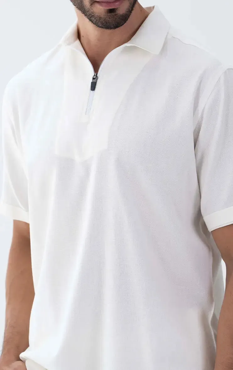 Luxe Men's Casual White Zipper Polo Shirt