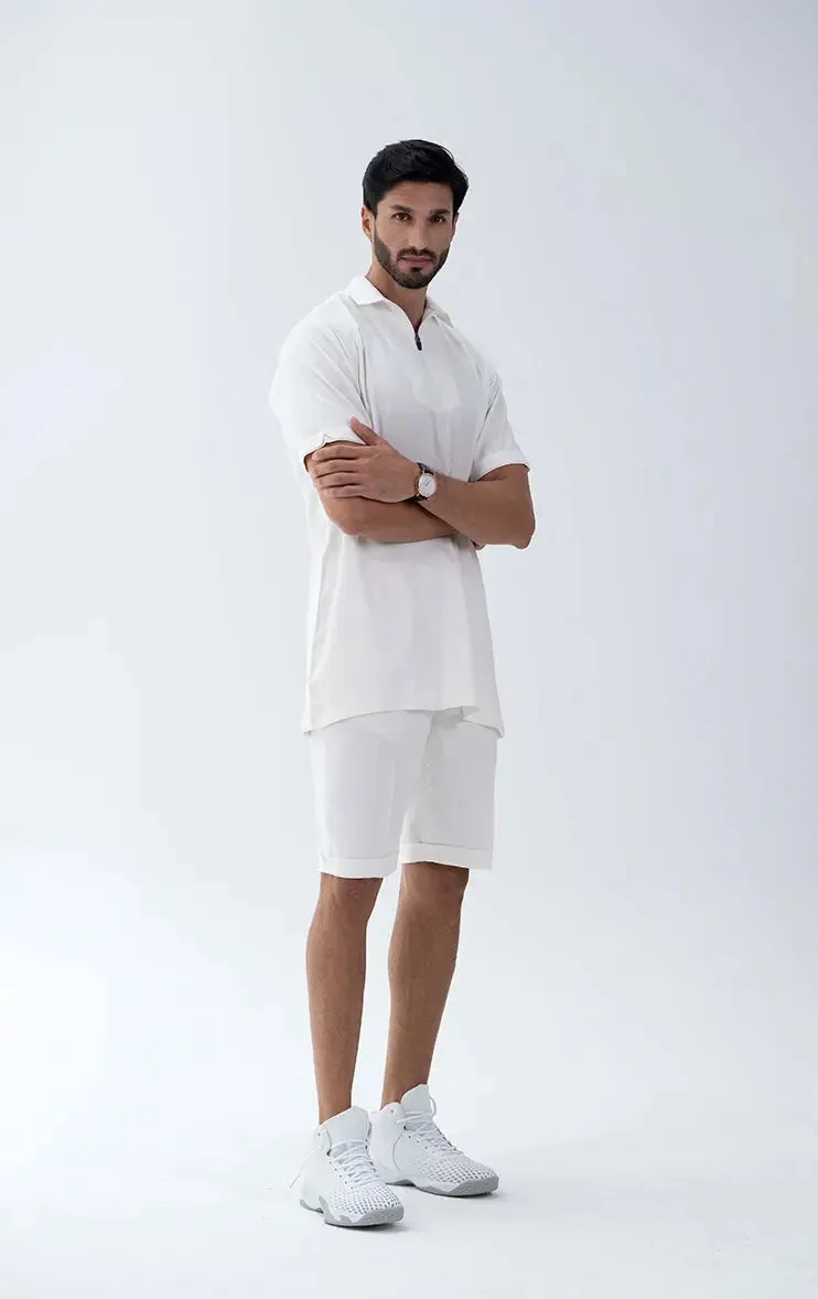 Luxe Men's Casual White Zipper Polo Shirt