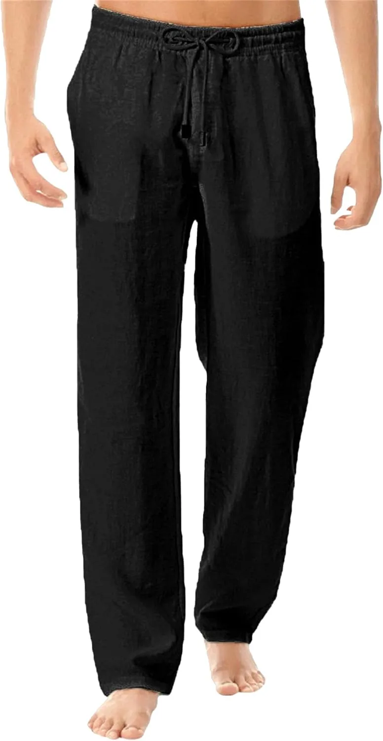Men's Casual Elastic Waist Lantern Pants Lightweight Linen Lounge Trousers Classic Jogger Yoga Loose Chinos (Black,X-Large)