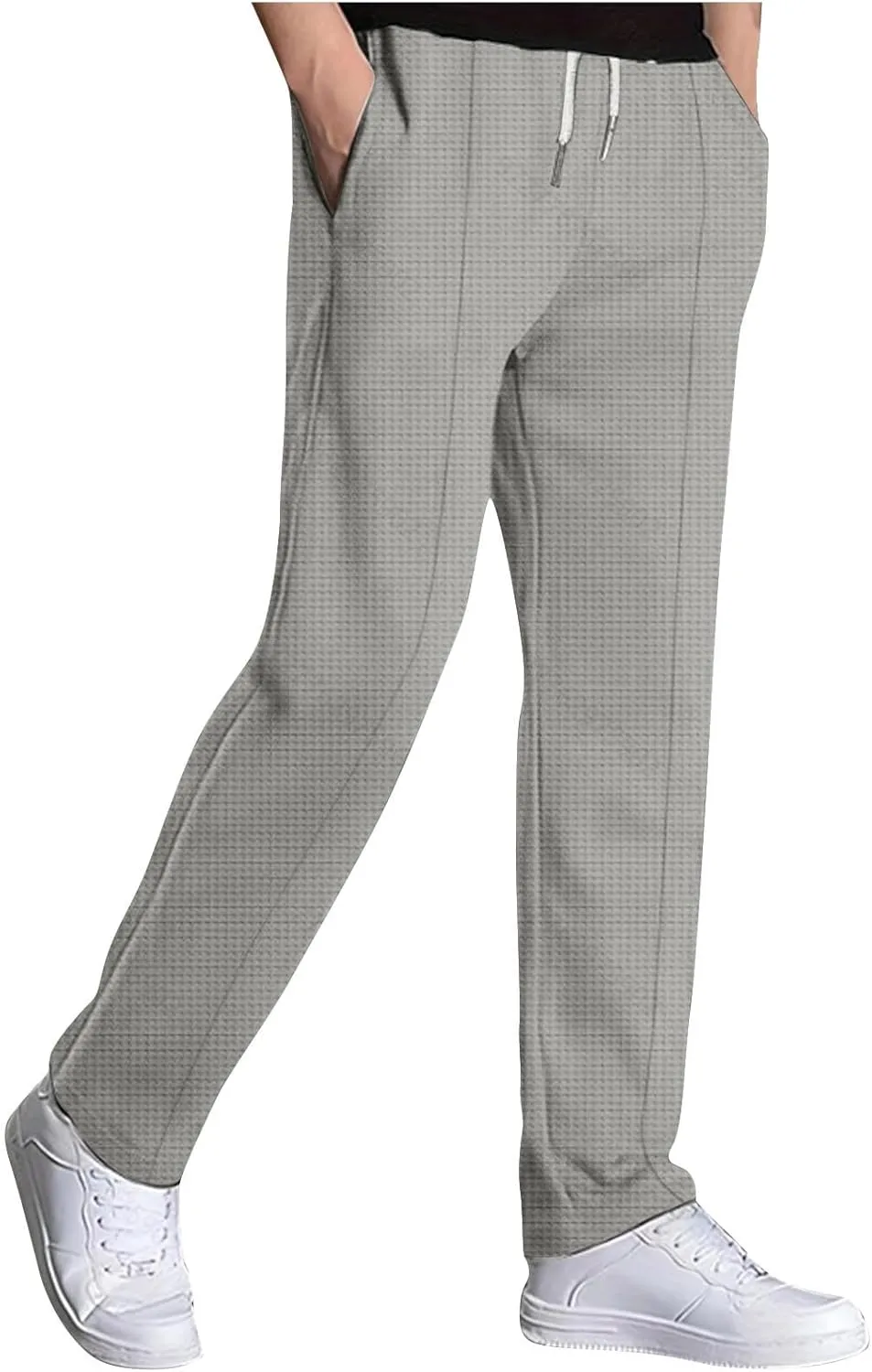 Mens Casual Knit Pants Elastic Drawstring Waist Solid Straight Leg Pant Relaxed Fit Comfy Lounge Trousers with Pocket