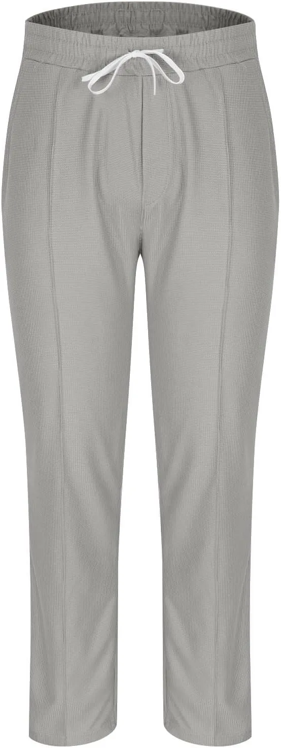 Mens Casual Knit Pants Elastic Drawstring Waist Solid Straight Leg Pant Relaxed Fit Comfy Lounge Trousers with Pocket