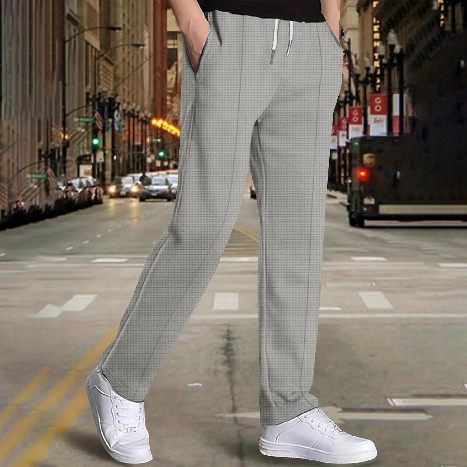 Mens Casual Knit Pants Elastic Drawstring Waist Solid Straight Leg Pant Relaxed Fit Comfy Lounge Trousers with Pocket