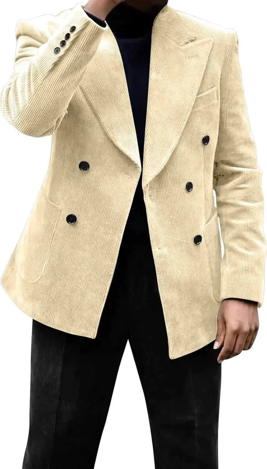 Men's Green Corduroy Cotton Slim Fit Casual Long Sleeve Peak Lapel Blazer for Men, Formal and Informal Events