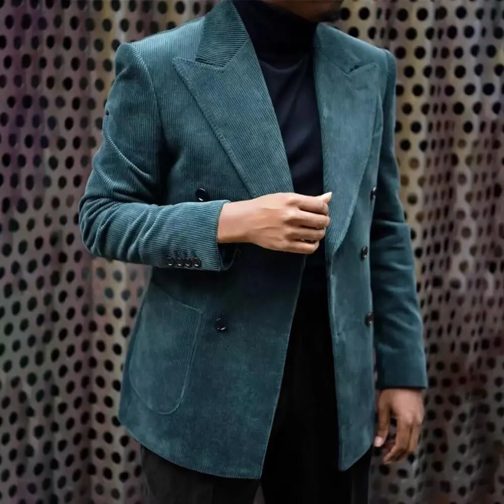 Men's Green Corduroy Cotton Slim Fit Casual Long Sleeve Peak Lapel Blazer for Men, Formal and Informal Events