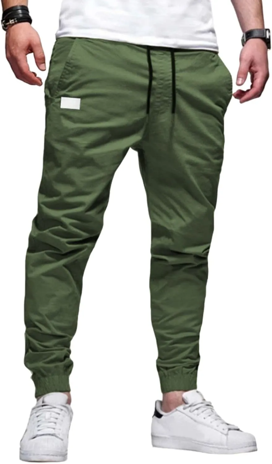 Men's Joggers Pants Cotton Drawstring Chino Cargo Casual Trousers with Elastic Waist Durable Twill for Hiking Outdoor