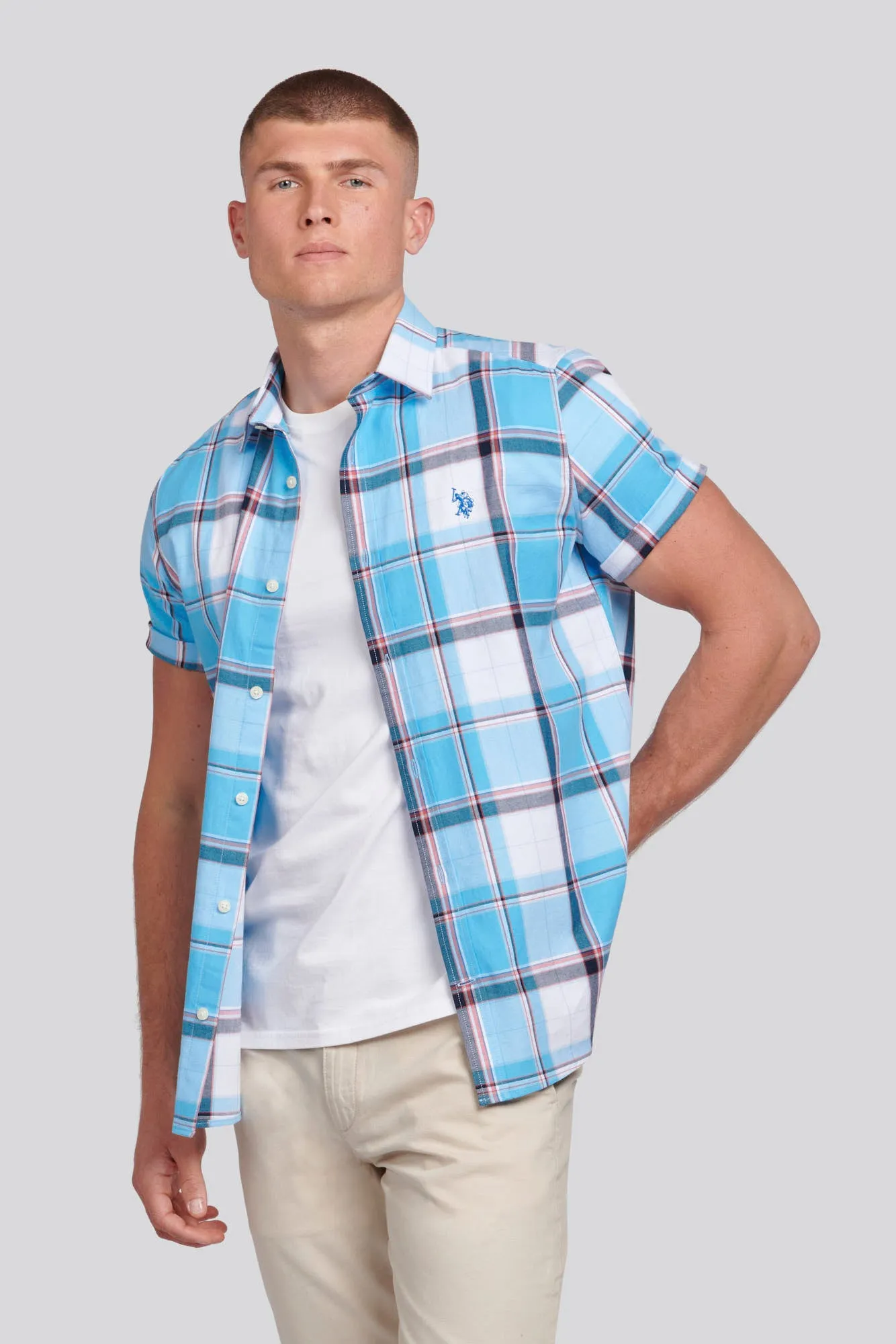 Mens Short Sleeve Check Shirt in Ethereal Blue