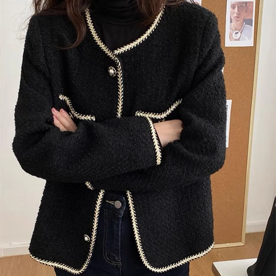 METAVERSMALL tweed black small fragrant style round neck long-sleeved jacket fashion temperament versatile top 2023 new high-end sense