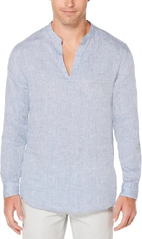 Perry Ellis Men's Long Sleeve 100% Linen Popover Shirt with Banded Collar, Solid Lightweight & Breathable Fabric, Versatile