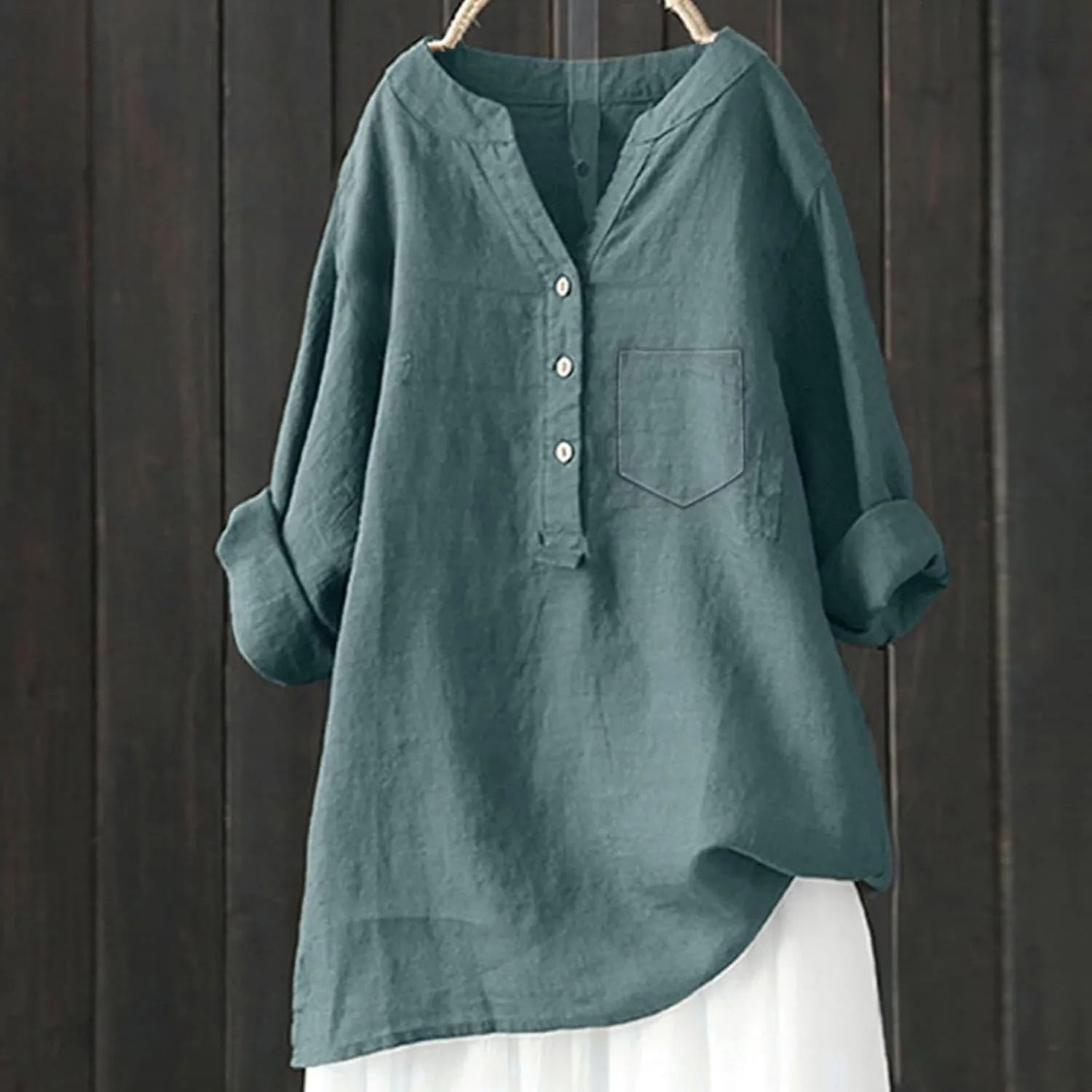 Plus Size Linen Tops for Women Summer Loose V Neck Button Down Long Sleeve T-Shirts Casual Plain Pullover Tee Shirts