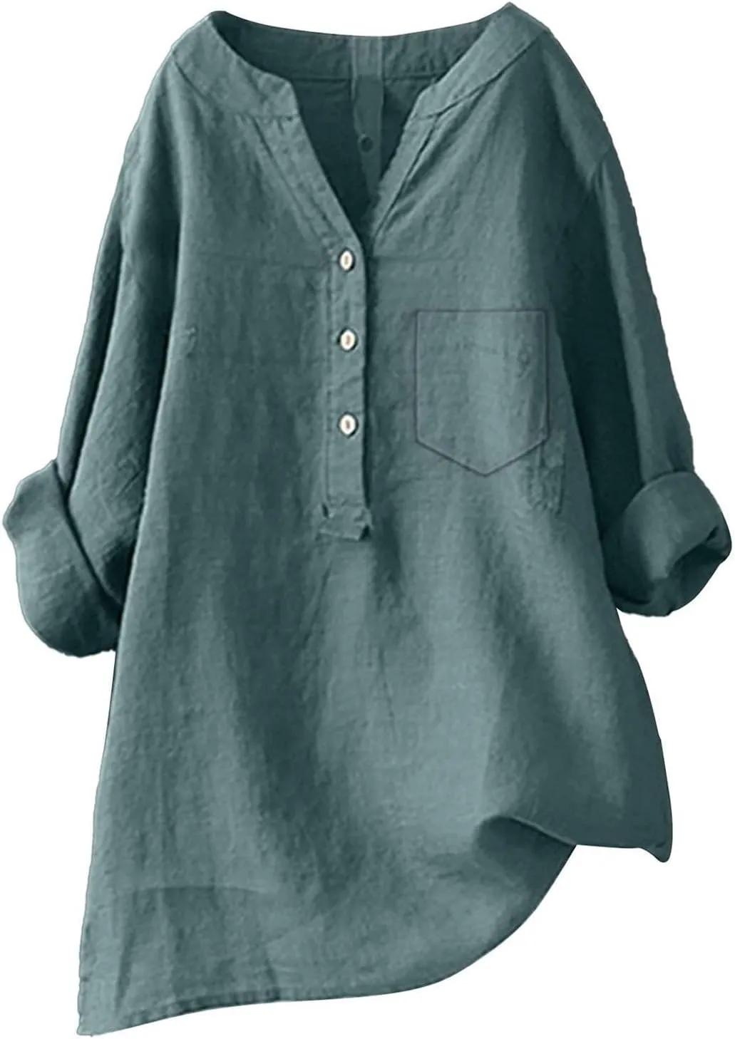 Plus Size Linen Tops for Women Summer Loose V Neck Button Down Long Sleeve T-Shirts Casual Plain Pullover Tee Shirts