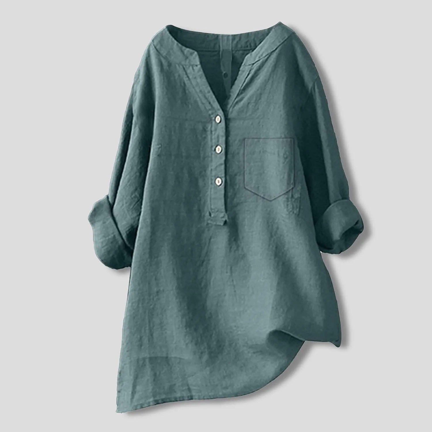 Plus Size Linen Tops for Women Summer Loose V Neck Button Down Long Sleeve T-Shirts Casual Plain Pullover Tee Shirts