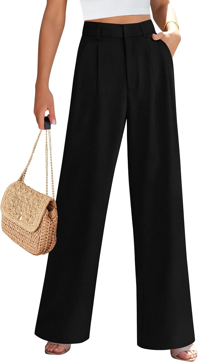 PRETTYGARDEN Women's Summer Work Pants Elastic High Waisted Straight Leg Business Casual Dressy Trousers Slacks with Pockets