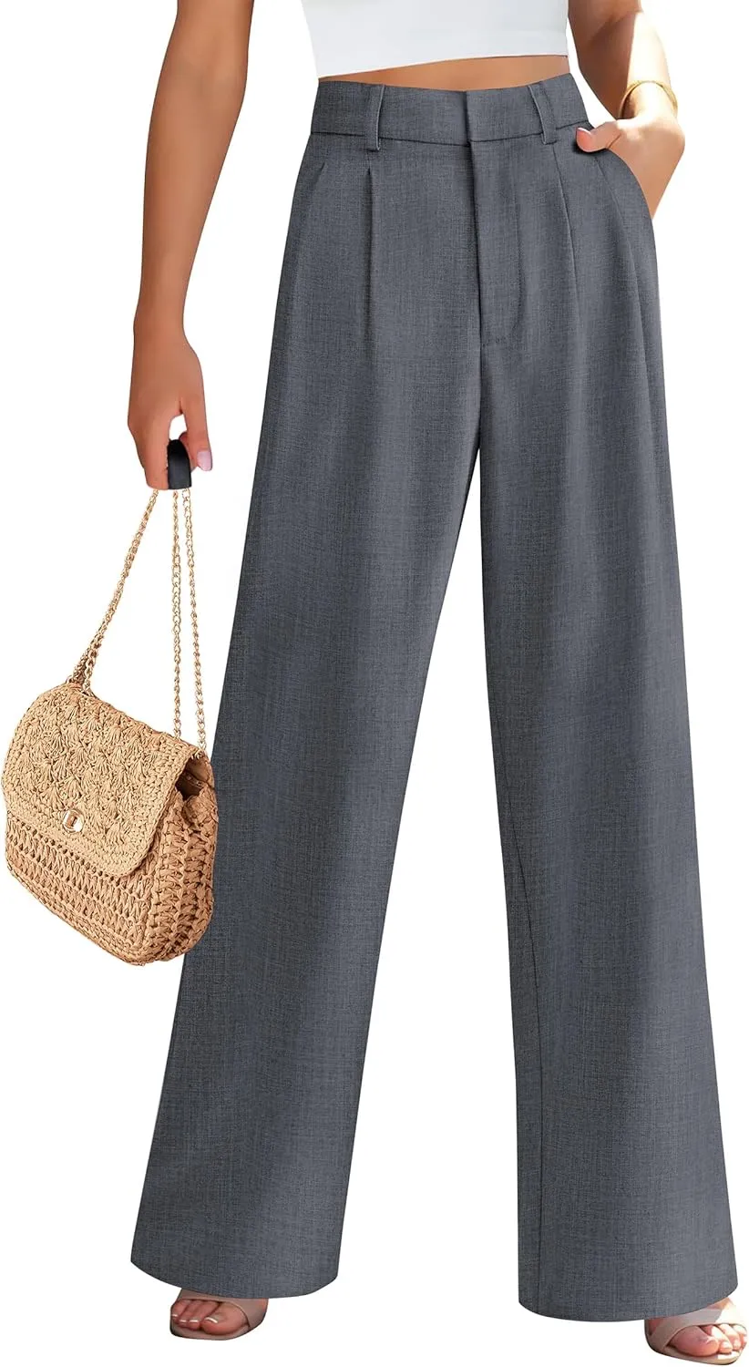 PRETTYGARDEN Women's Summer Work Pants Elastic High Waisted Straight Leg Business Casual Dressy Trousers Slacks with Pockets