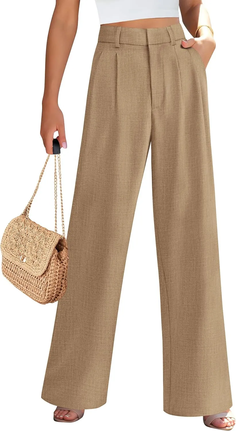 PRETTYGARDEN Women's Summer Work Pants Elastic High Waisted Straight Leg Business Casual Dressy Trousers Slacks with Pockets