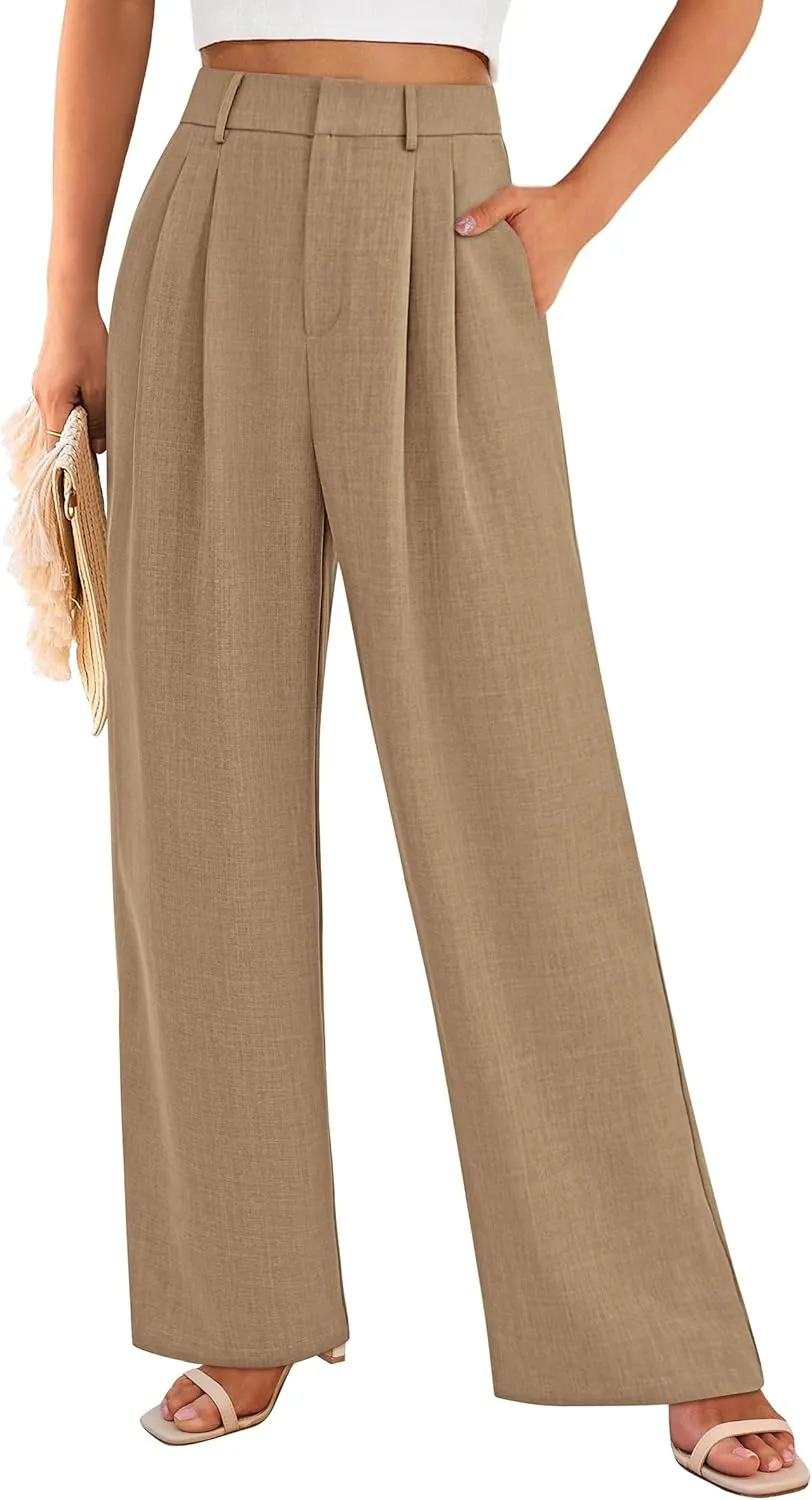 PRETTYGARDEN Women's Summer Work Pants Elastic High Waisted Straight Leg Business Casual Dressy Trousers Slacks with Pockets