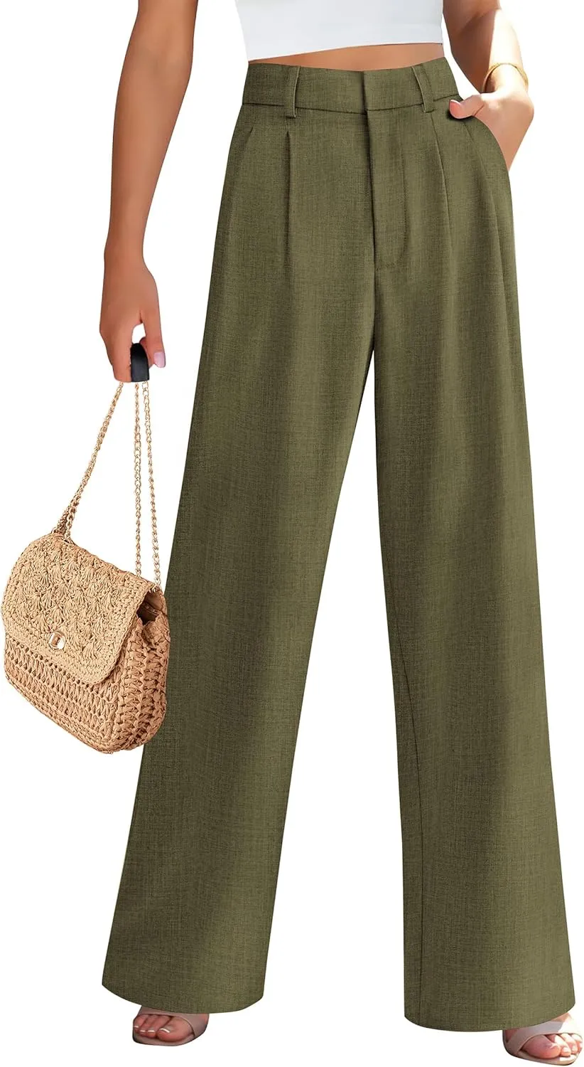 PRETTYGARDEN Women's Summer Work Pants Elastic High Waisted Straight Leg Business Casual Dressy Trousers Slacks with Pockets