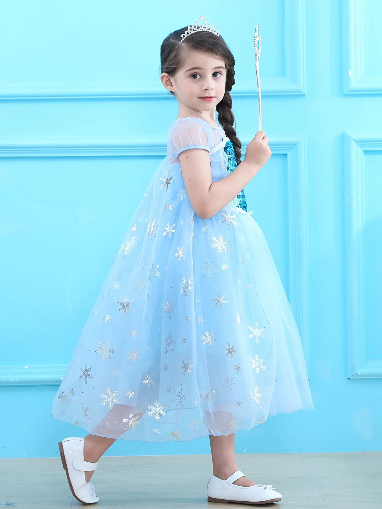 Princess Party Dress Up, Girls Cute, Charming And Elegant Long-sleeved Mesh Cut-out Sequin-embellished Tutu Princess Dress With Shawl, Winter Theme Stage Performance