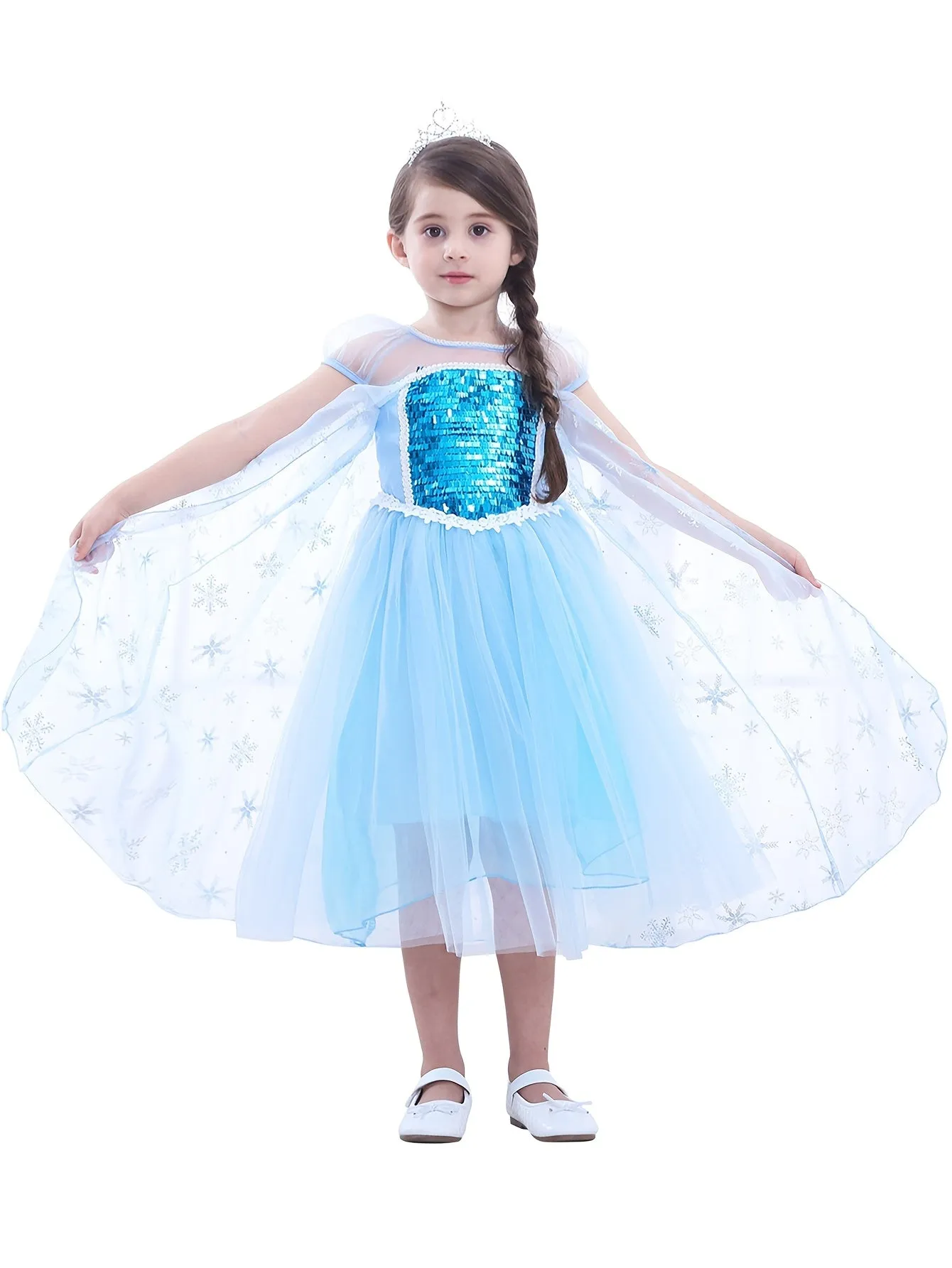 Princess Party Dress Up, Girls Cute, Charming And Elegant Long-sleeved Mesh Cut-out Sequin-embellished Tutu Princess Dress With Shawl, Winter Theme Stage Performance
