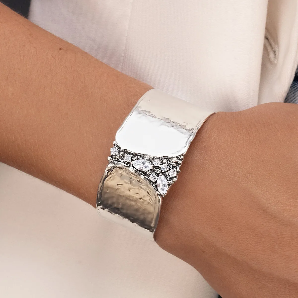 Sterling Silver CZ Shield Cuff Bracelet