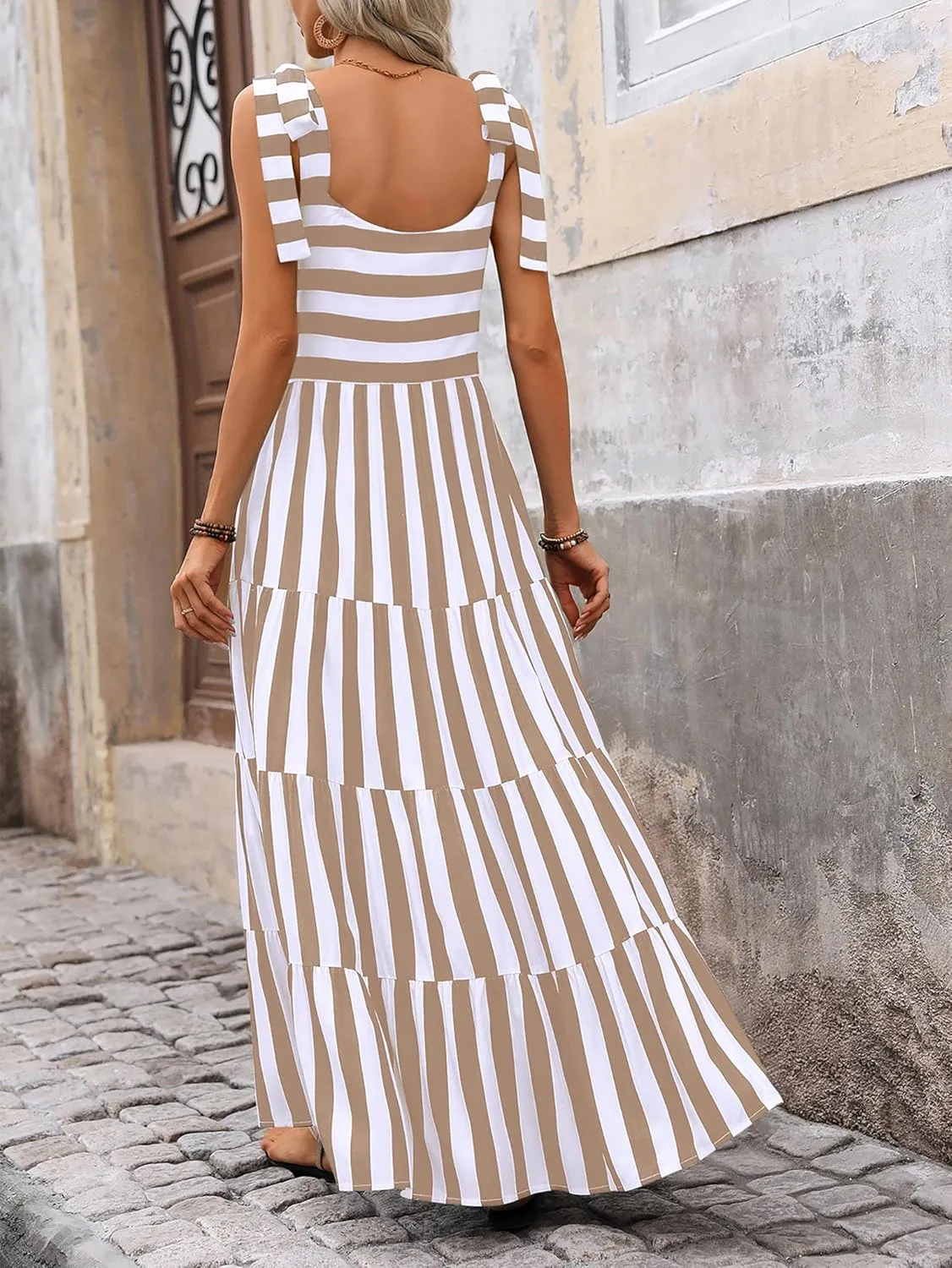 Striped Maxi Dress for Women Sexy Sleeveless Tie Shoulder Boho Flowy Smocked Dresses Empire Waist Tiered Long Dresses