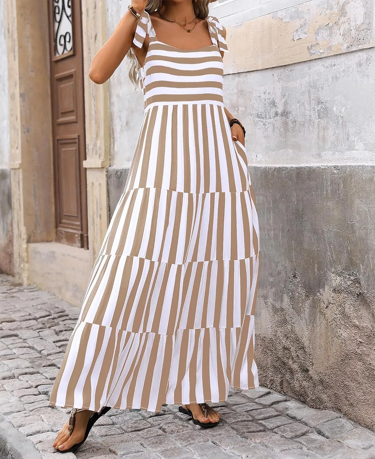 Striped Maxi Dress for Women Sexy Sleeveless Tie Shoulder Boho Flowy Smocked Dresses Empire Waist Tiered Long Dresses