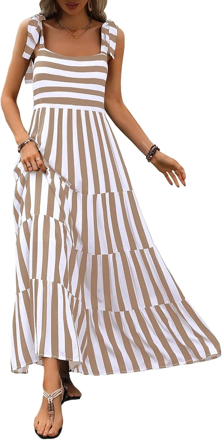 Striped Maxi Dress for Women Sexy Sleeveless Tie Shoulder Boho Flowy Smocked Dresses Empire Waist Tiered Long Dresses