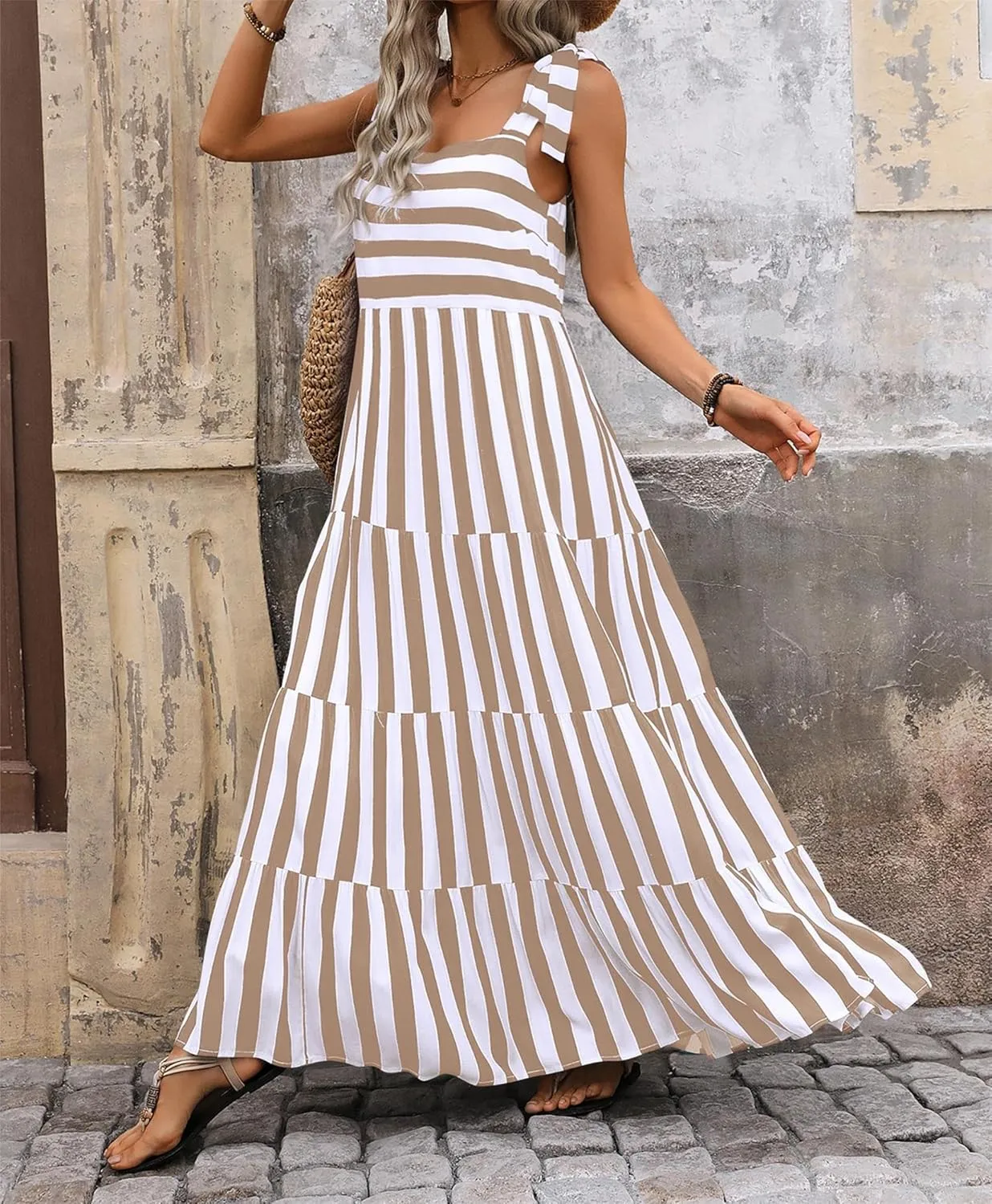 Striped Maxi Dress for Women Sexy Sleeveless Tie Shoulder Boho Flowy Smocked Dresses Empire Waist Tiered Long Dresses