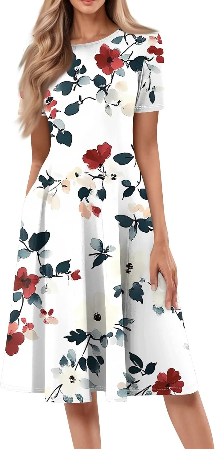 Summer Dresses for Women 2025 Midi Short Sleeve Round Neck Dresses Elegant Pleated with Side Pocket A Line Dress