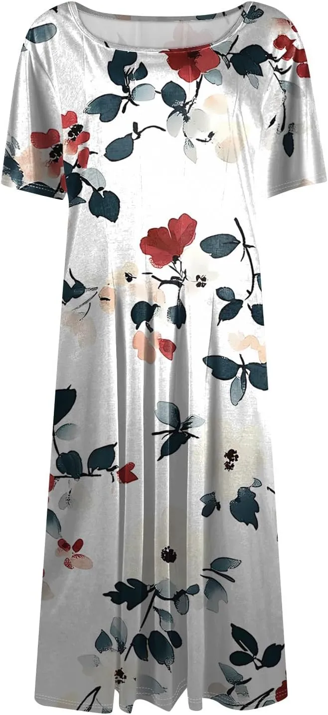 Summer Dresses for Women 2025 Midi Short Sleeve Round Neck Dresses Elegant Pleated with Side Pocket A Line Dress
