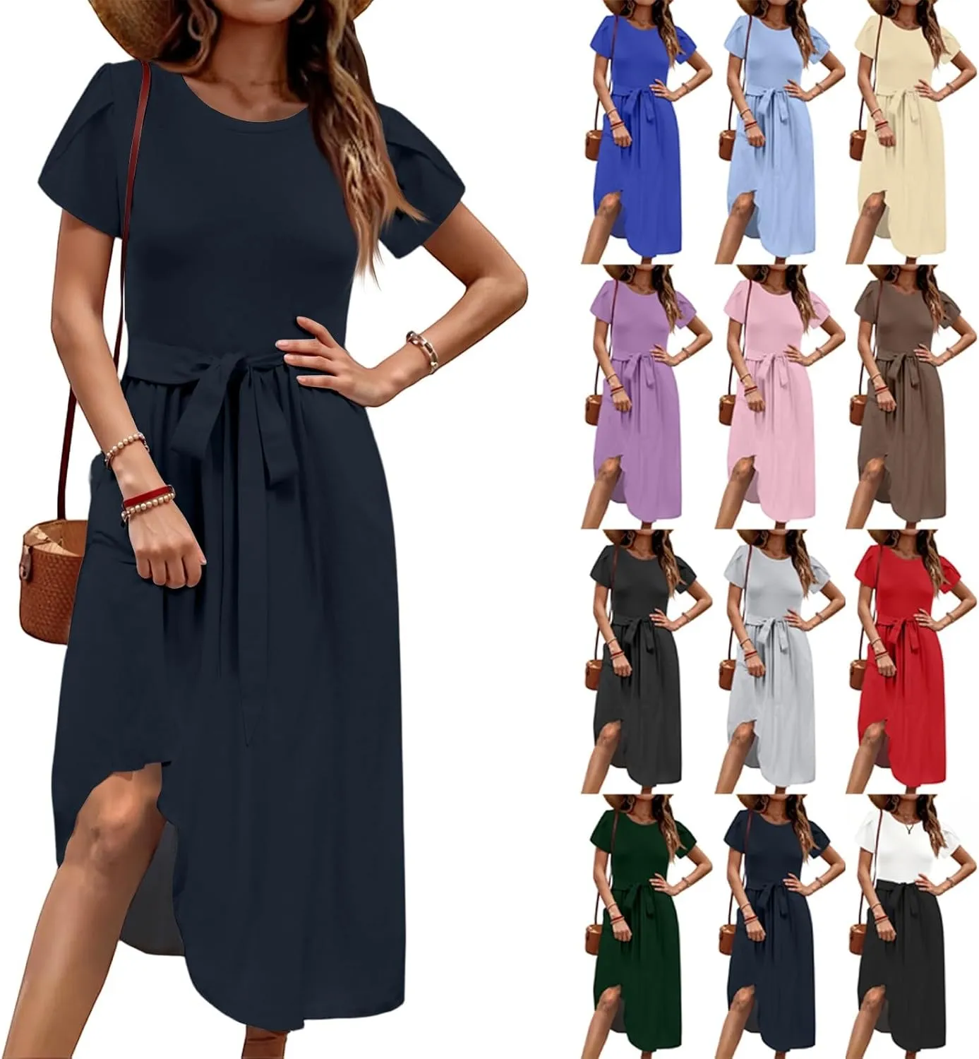 Sun Dresses for Women 2025 Round Neck Elegant Flowy Wedding Guest Dresses Casual Basic Short Sleeve Summer Midi Dress