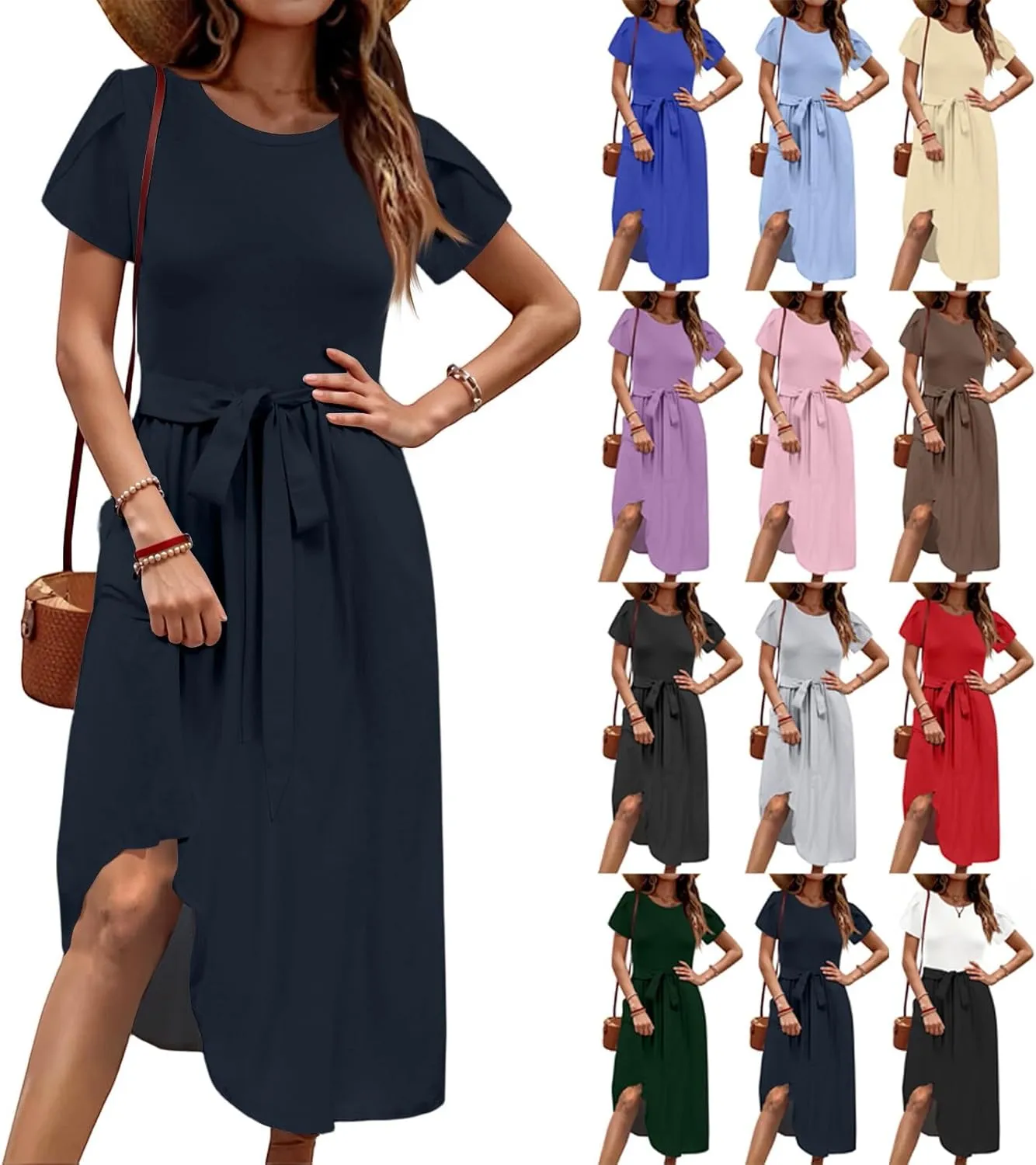 Sun Dresses for Women 2025 Round Neck Elegant Flowy Wedding Guest Dresses Casual Basic Short Sleeve Summer Midi Dress