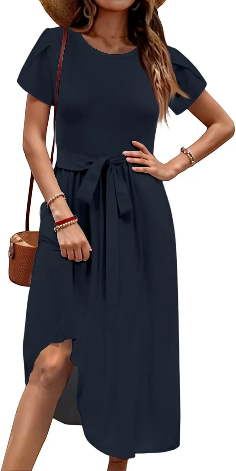 Sun Dresses for Women 2025 Round Neck Elegant Flowy Wedding Guest Dresses Casual Basic Short Sleeve Summer Midi Dress