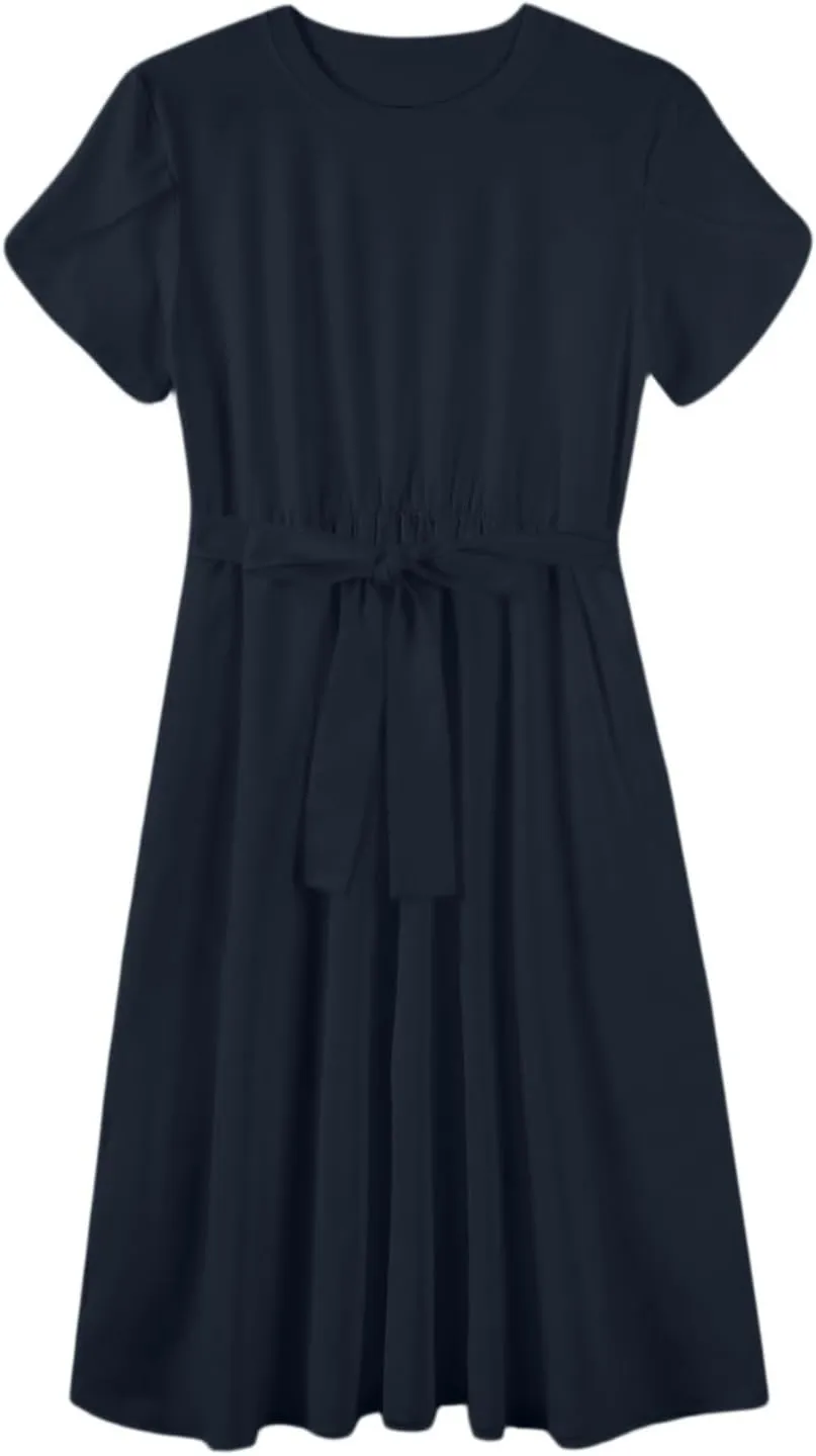 Sun Dresses for Women 2025 Round Neck Elegant Flowy Wedding Guest Dresses Casual Basic Short Sleeve Summer Midi Dress