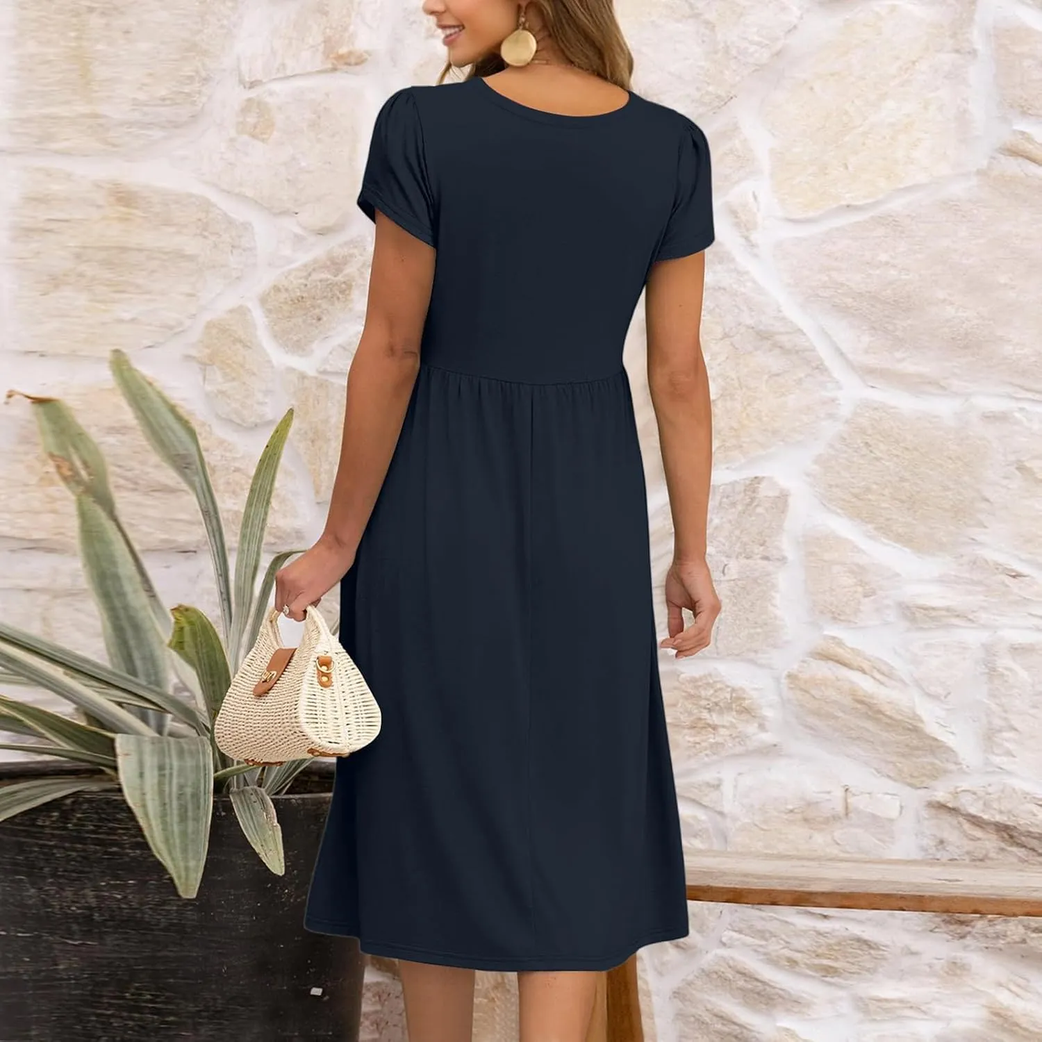 Sun Dresses for Women 2025 Round Neck Elegant Flowy Wedding Guest Dresses Casual Basic Short Sleeve Summer Midi Dress