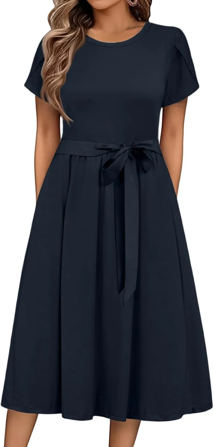 Sun Dresses for Women 2025 Round Neck Elegant Flowy Wedding Guest Dresses Casual Basic Short Sleeve Summer Midi Dress